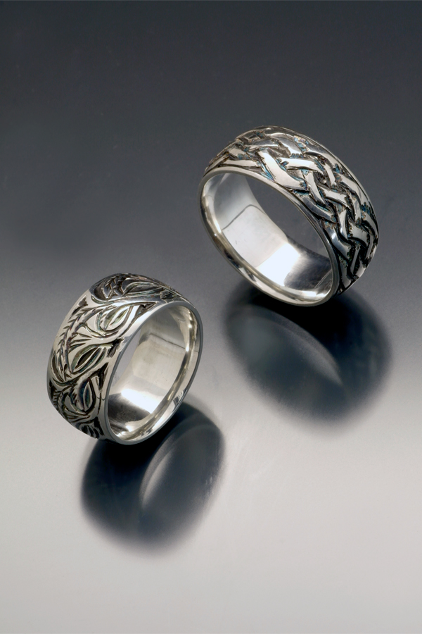 Engraved sterling wedding set with oxidized finish by Christopher Stephens