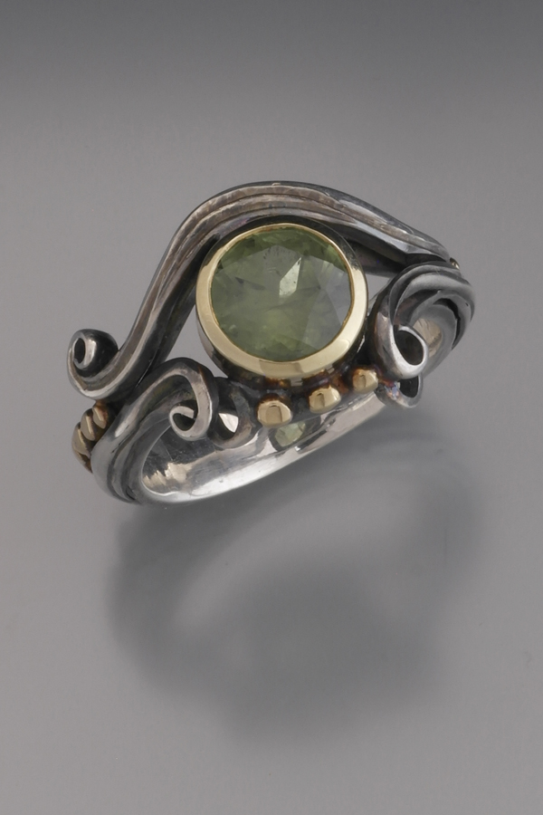 Sterling silver & 14k yellow gold forged ring with green tourmaline by Christoher Stephens